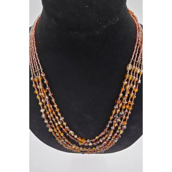 Multi Strand Amber Glass Beaded Necklace Vintage Bohemian Style Layered - Picture 2 of 5
